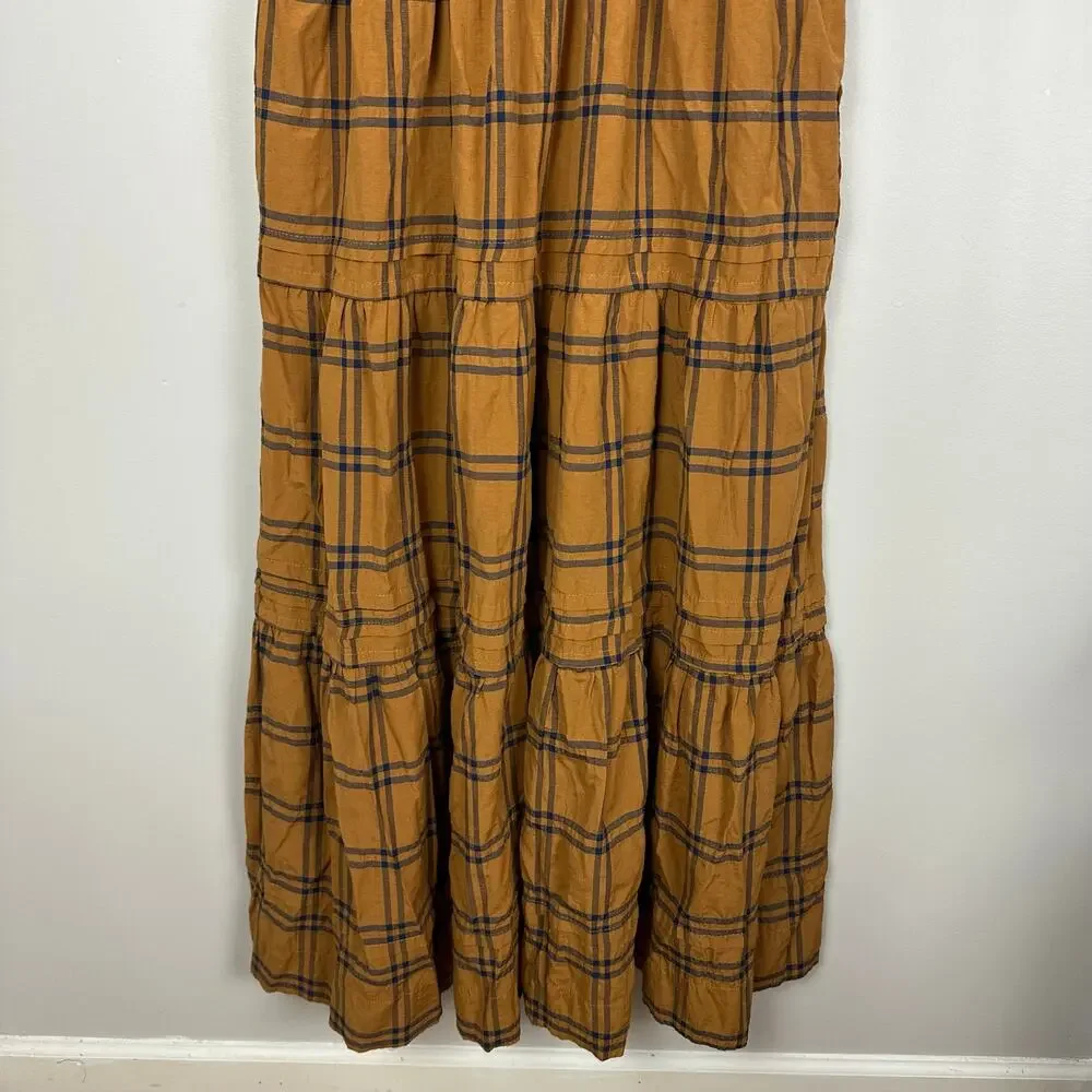 Maeve by Anthropologie Sumerset Camel Plaid Tiered Maxi Dress M Prairie Fall - Picture 13 of 16